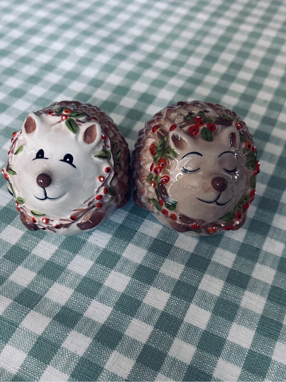 BlueSky Ceramic Hedgehog Salt & Pepper Shakers Red Berry Accents